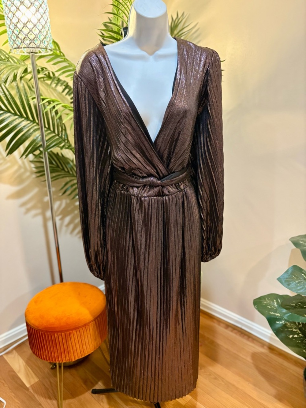 Eloquii Metallic Bronze Pleated Long-Sleeve Dress